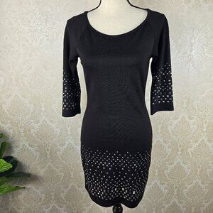 Venus Size Small Black Silver Studded Front Bodycon Dress ¾ Sleeve Round Neck